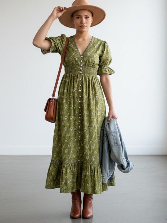 Fox & Mermaid Dresses & Skirts - Fox & Mermaid Block Print Boho Maxi Dress Green Cottagecore XL